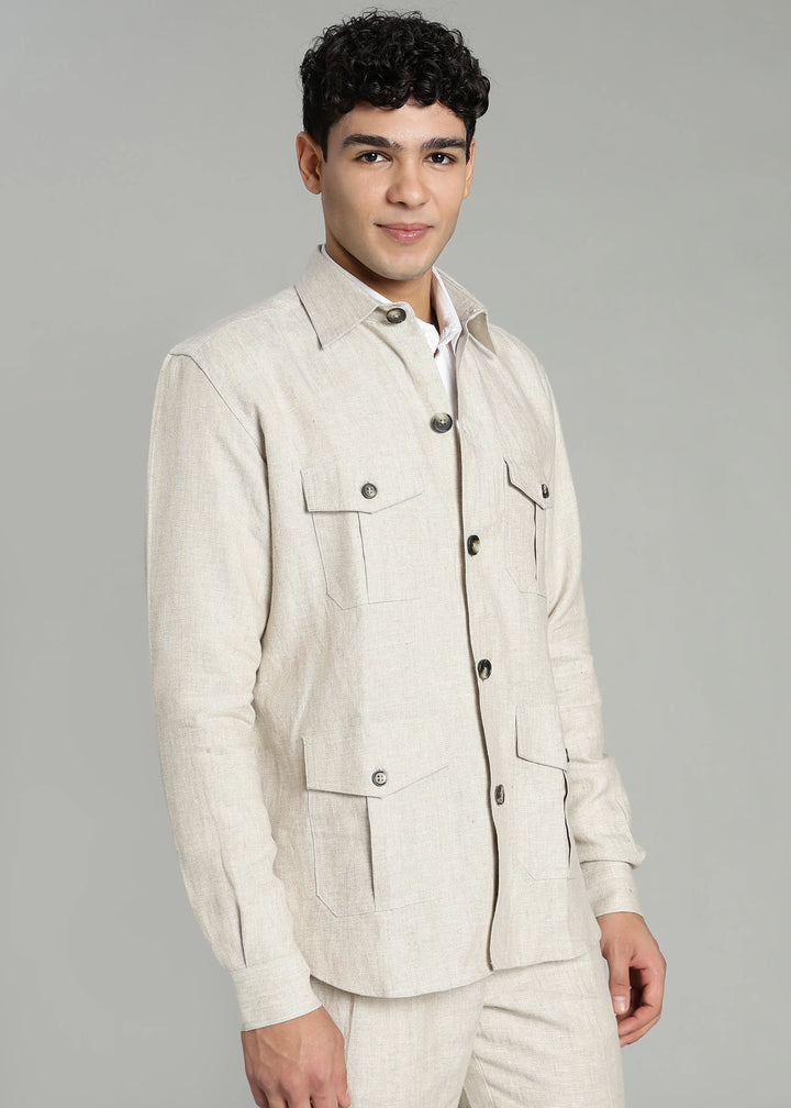 Leonard - Pure Linen Utility Shacket - Ecru