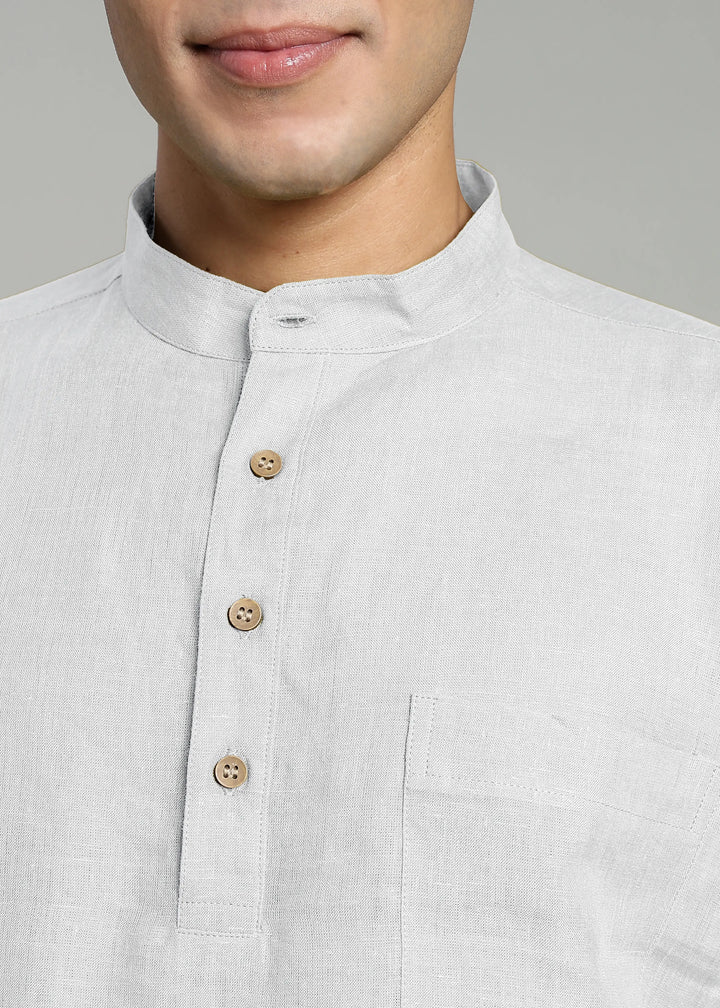 Samir - Pure Linen Full Sleeve Short Kurta Shirt with Cuff - White