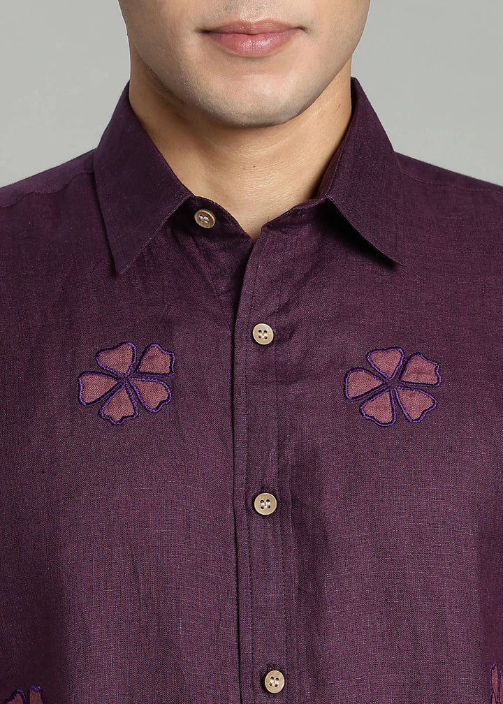 Juno - Pure Linen Appliqué Half Sleeve Shirt - Dark Purple