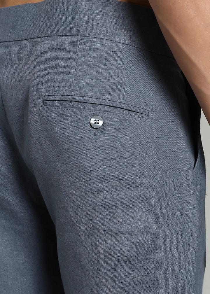 Hudson - Pure Linen Pleated Shorts With Stylized Waistband - Blue Grey