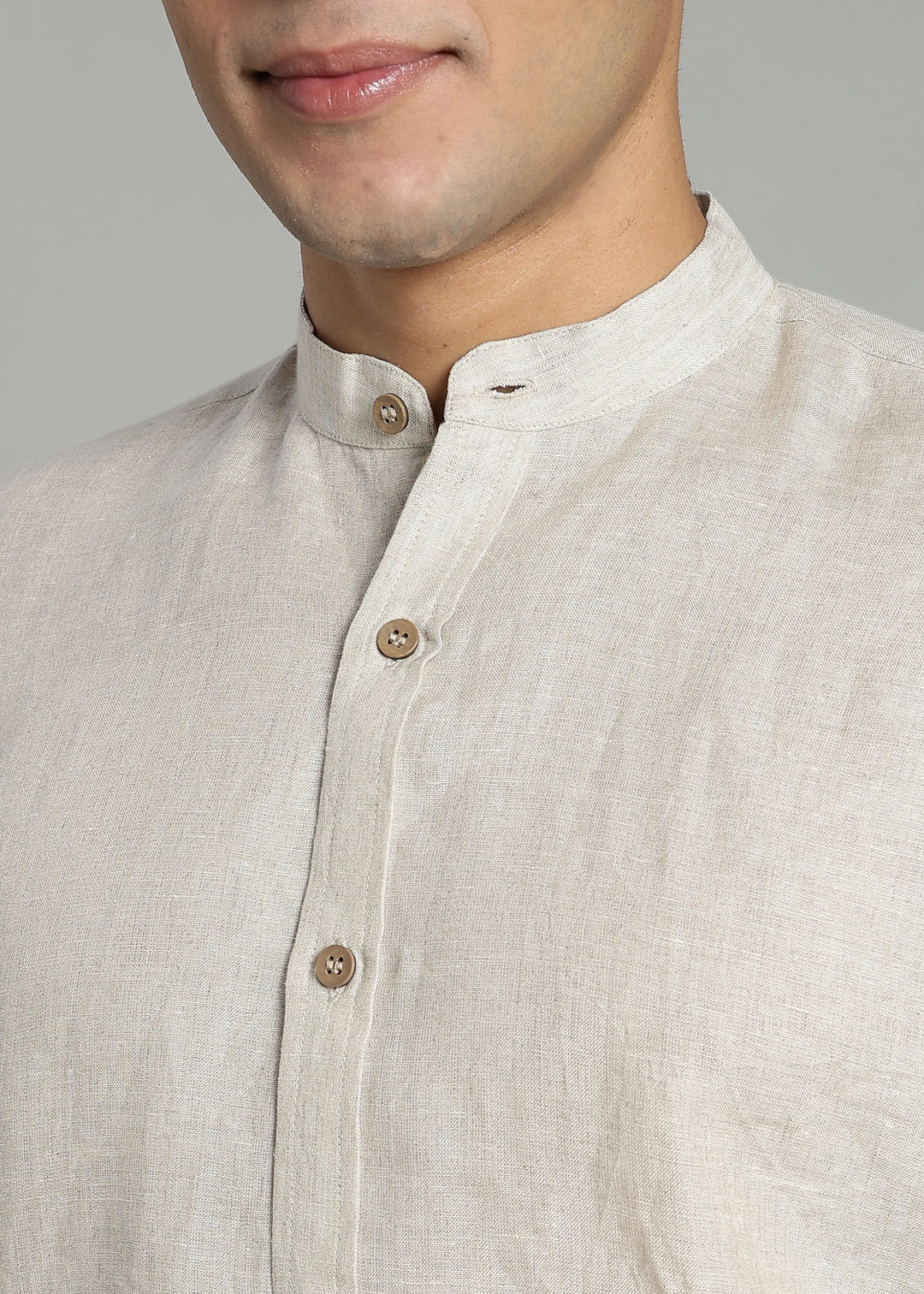 Ronan - Pure Linen Mandarin Collar Full Sleeve Shirt - Ecru