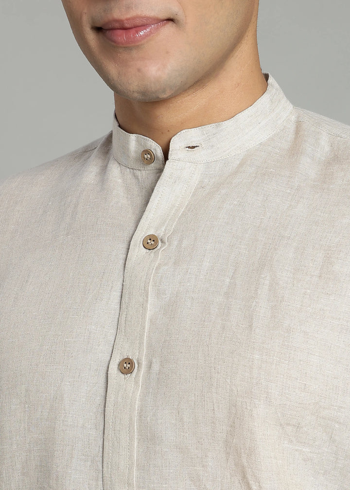 Ronan - Pure Linen Mandarin Collar Full Sleeve Shirt - Ecru