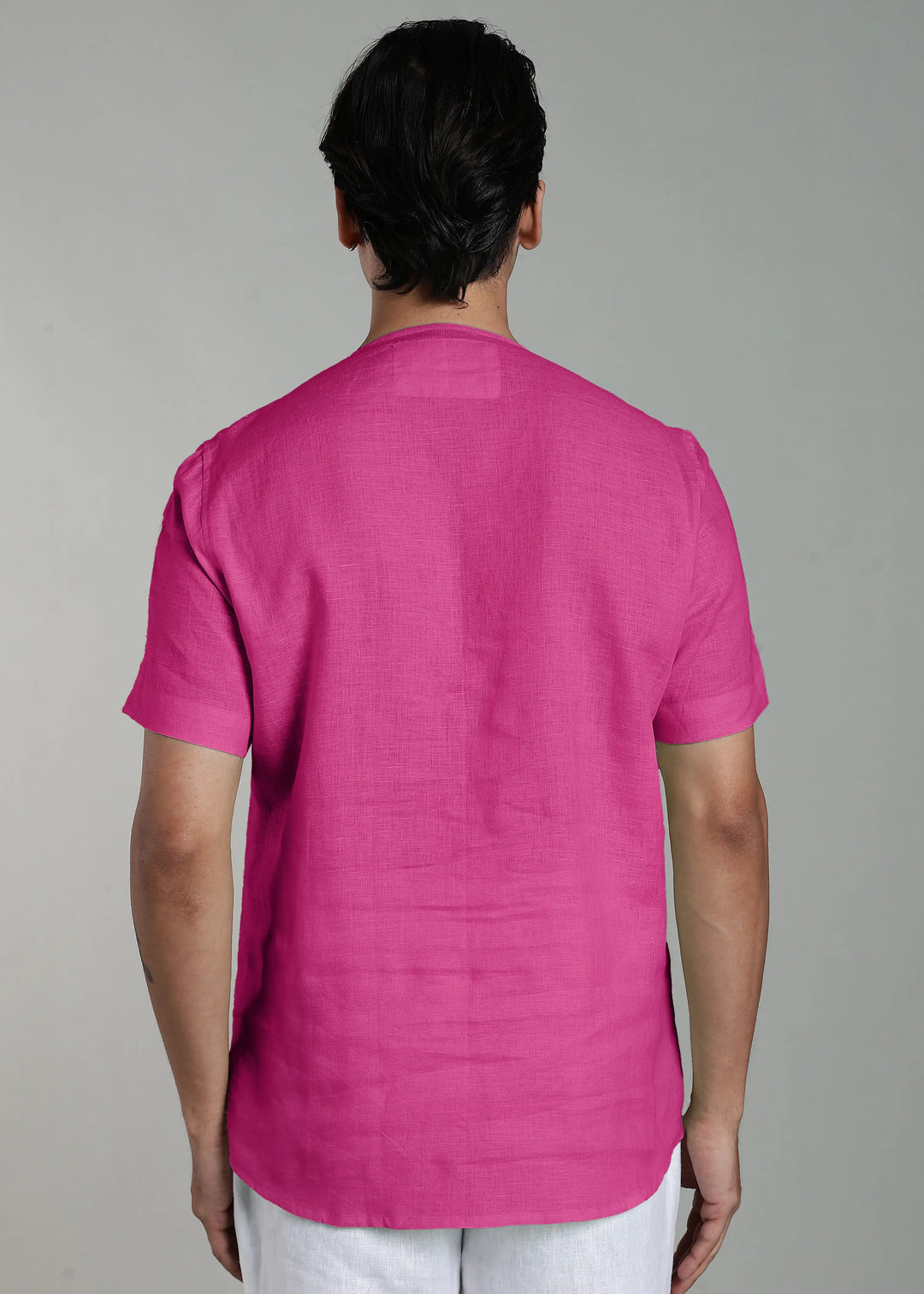 Simon - Pure Linen Stitch Detail Short Sleeve T-Shirt - Raspberry Pink