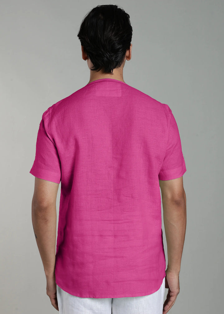 Simon - Pure Linen Stitch Detail Short Sleeve T-Shirt - Raspberry Pink