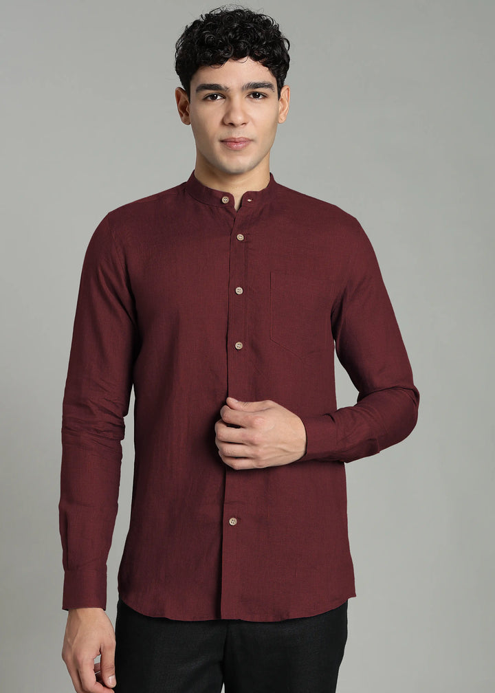 Aaron - Pure Linen Mandarin Collar Full Sleeve Shirt With Front Pocket - Red Wine