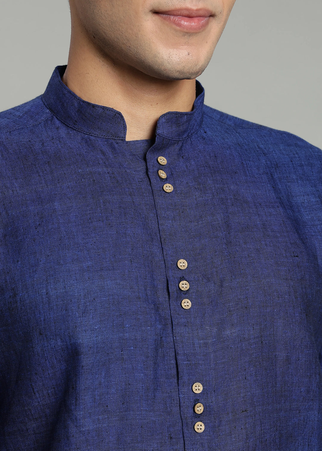 Flint - Pure Linen Shirt with Mandarin Collar & Trio Button Detail - Prussian Blue