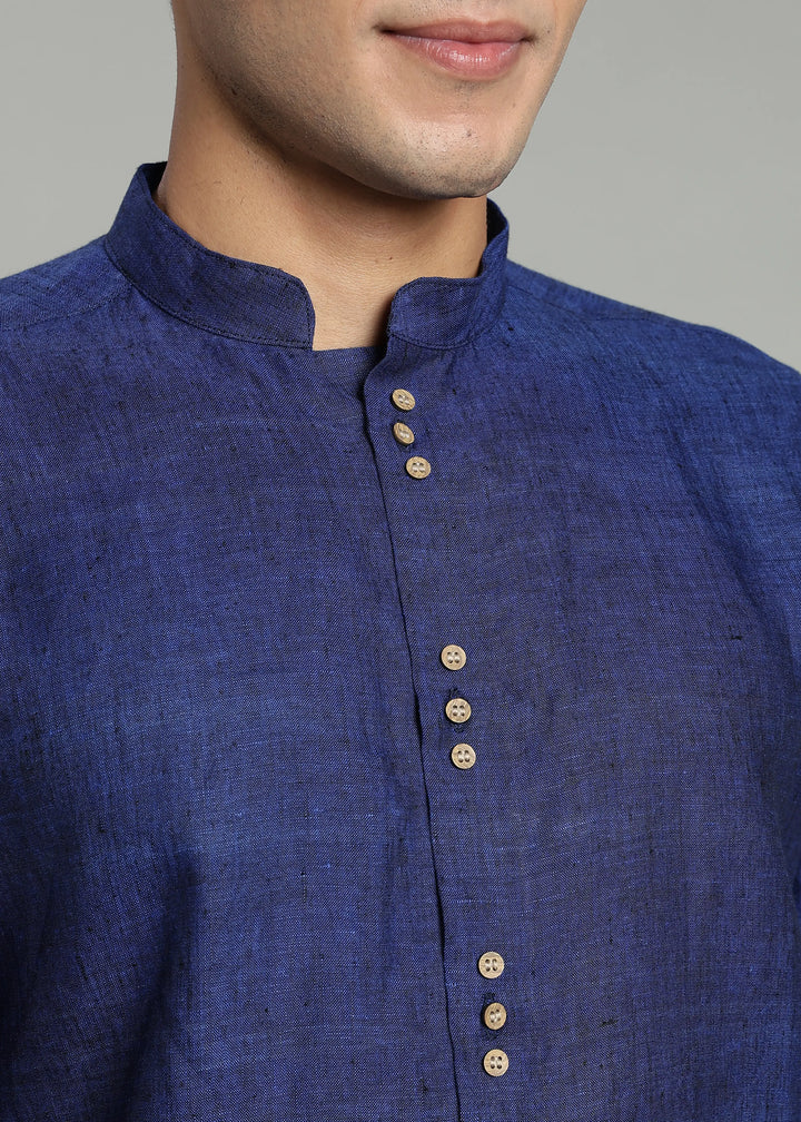 Flint - Pure Linen Shirt with Mandarin Collar & Trio Button Detail - Prussian Blue