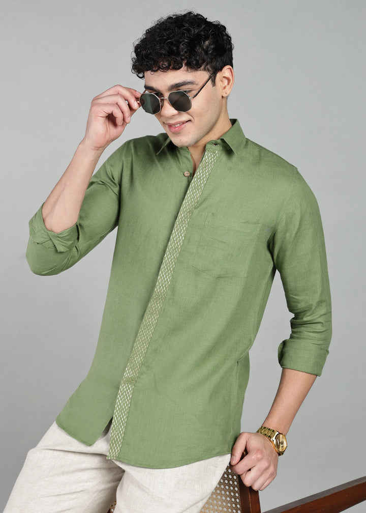 Grove - Full Sleeve Shirt with Hand Embroidered Concealed Placket - Cossack Green