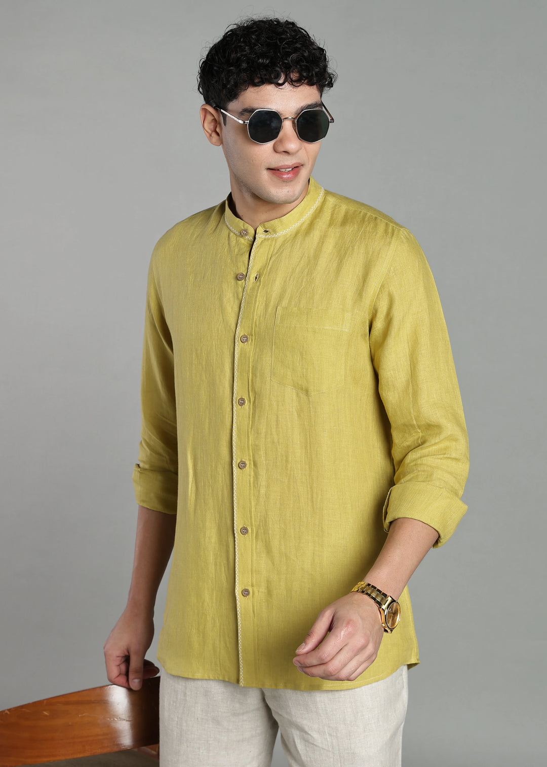 Oram - Pure Linen Full Sleeve Shirt - Seed Green