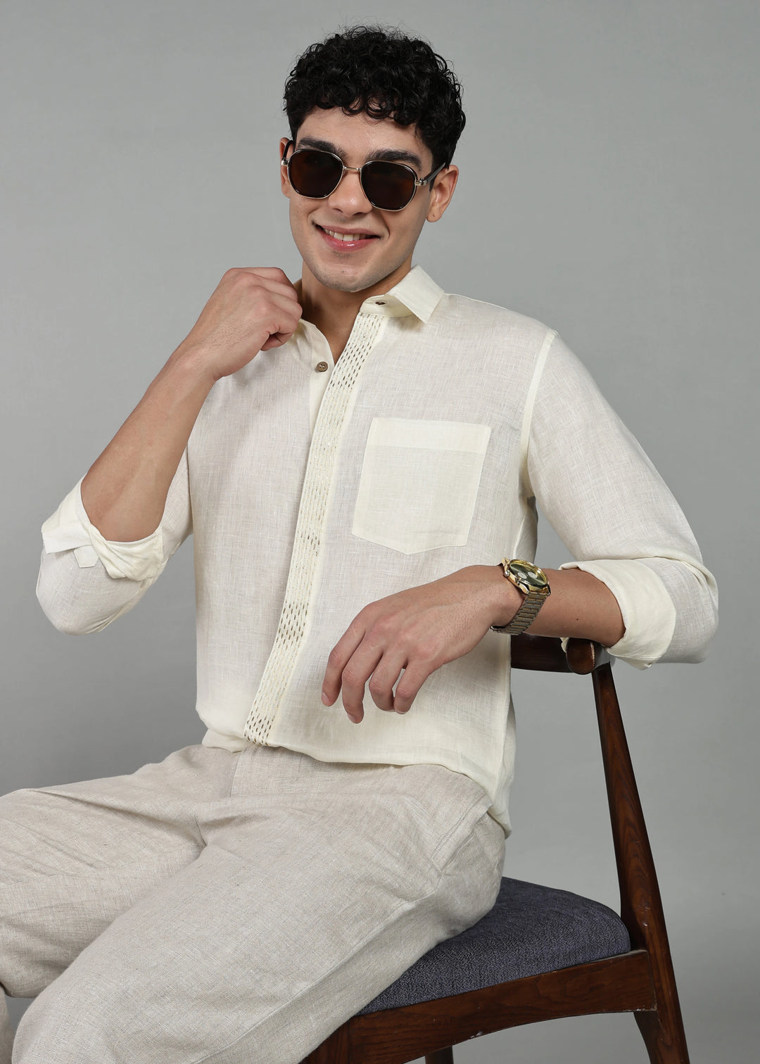 Grove - Full Sleeve Shirt with Hand Embroidered Concealed Placket - Creme White