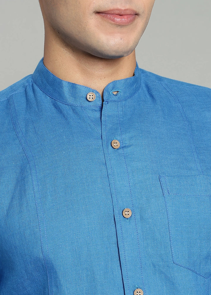 Trevor - Pure Linen Mandarin Collar Full Sleeve Shirt - Swedish Blue