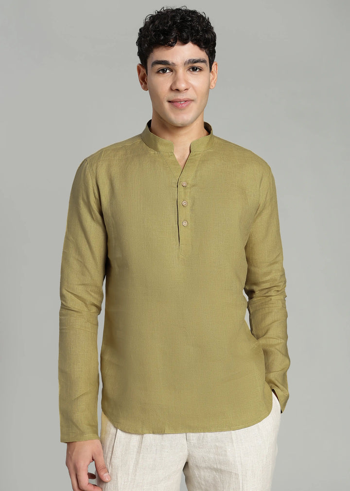 Zaeden - Pure Linen V Neck Full Sleeve Short Kurta Shirt - Sunburst Yellow