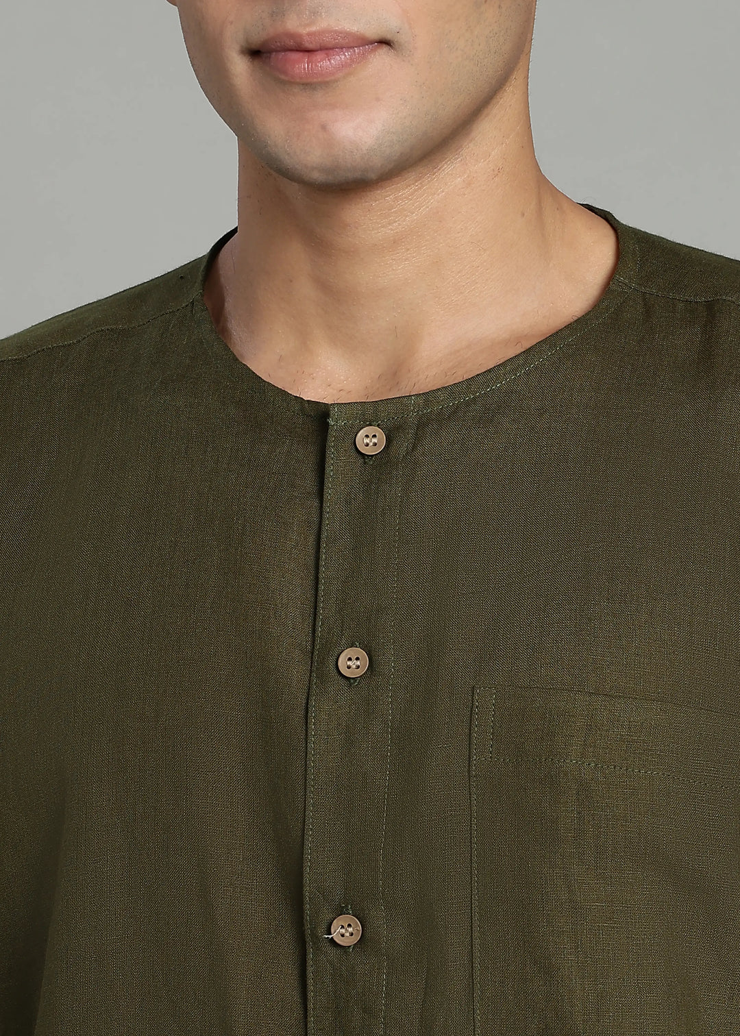 Pedro - Collarless Pure Linen Full Sleeve Shirt - Moss Green