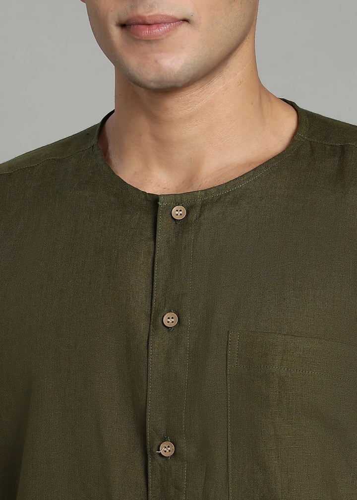 Pedro - Collarless Pure Linen Full Sleeve Shirt - Moss Green