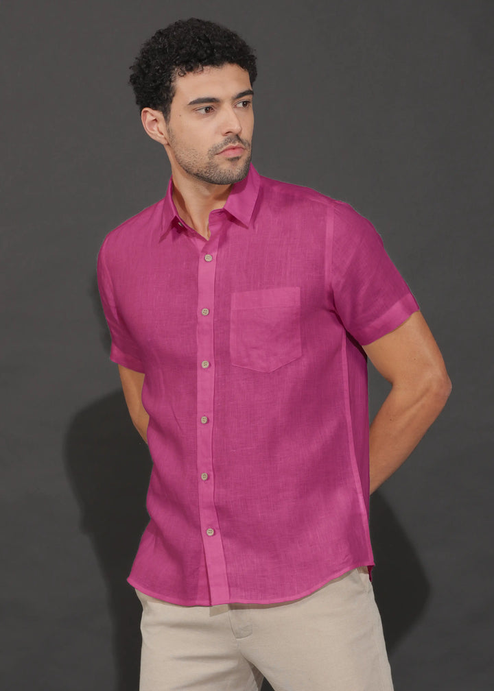 Harvey - Pure Linen Half Sleeve Shirt - Raspberry Pink