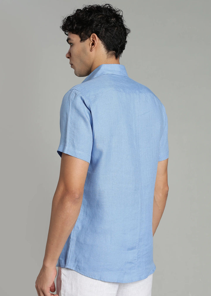 Aether - Pure Linen Appliqué Half Sleeve Shirt - Olympic Blue