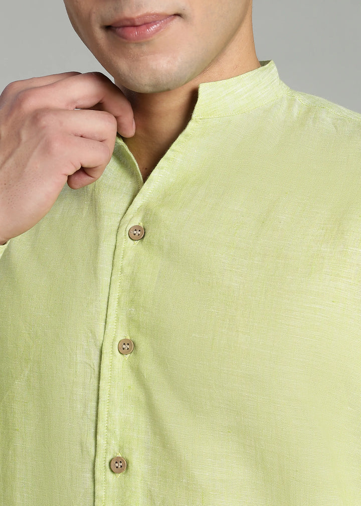 Craig - Pure Linen V Neck Full Sleeve Shirt - Light Green Chambray