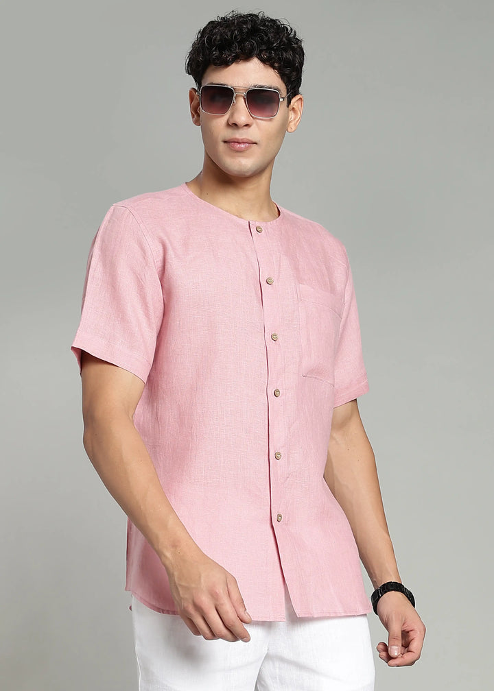 Pedro - Collarless Pure Linen Half Sleeve Shirt - Salmon Pink