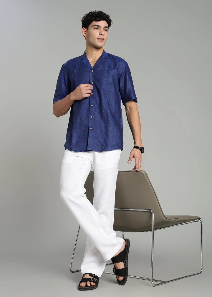 Oversized Pure Linen Cuban Collar Short Sleeve Shirt - Prussian Blue