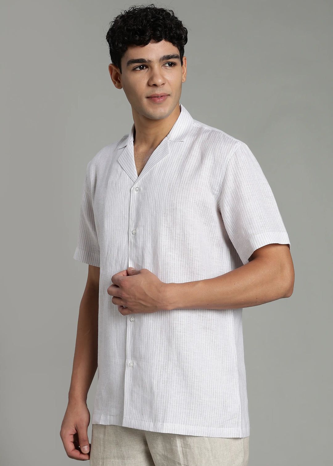 Nathan - Cuban Collar Pure Linen Half Sleeve Shirt - Brown Pinstripe