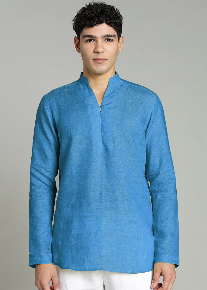 Arnav - Full Sleeve Broad-Notched Collar Pure Linen Short Kurta - Swedish Blue