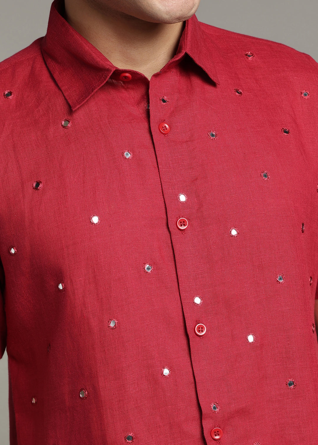 Aaina - Pure Linen Mirror Embroidered Half Sleeve Shirt - Mud Red