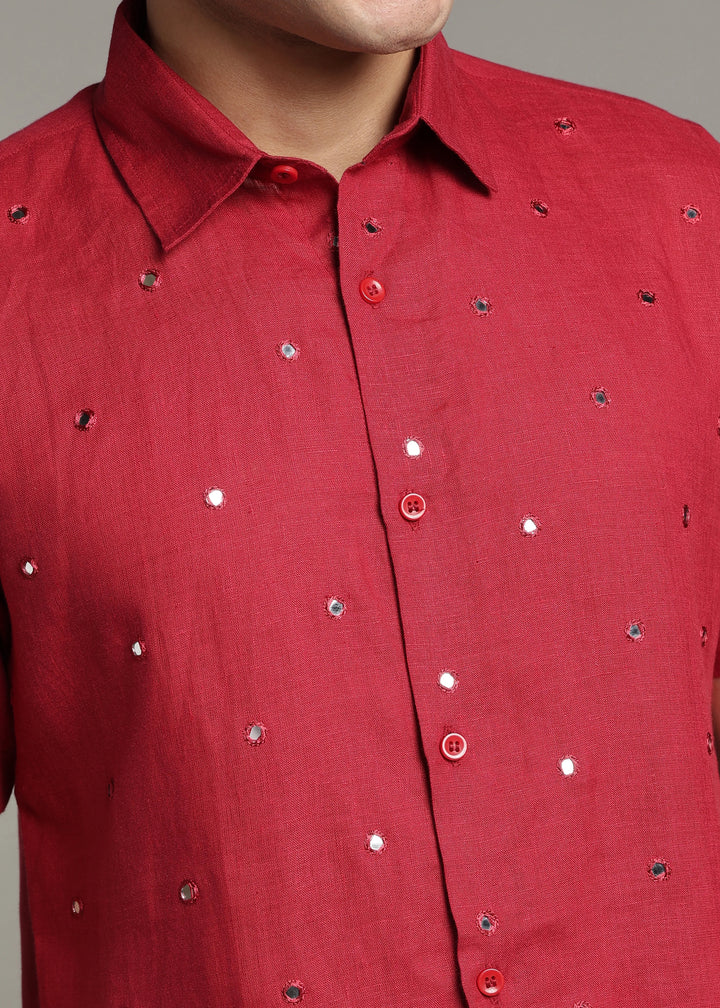 Aaina - Pure Linen Mirror Embroidered Half Sleeve Shirt - Mud Red