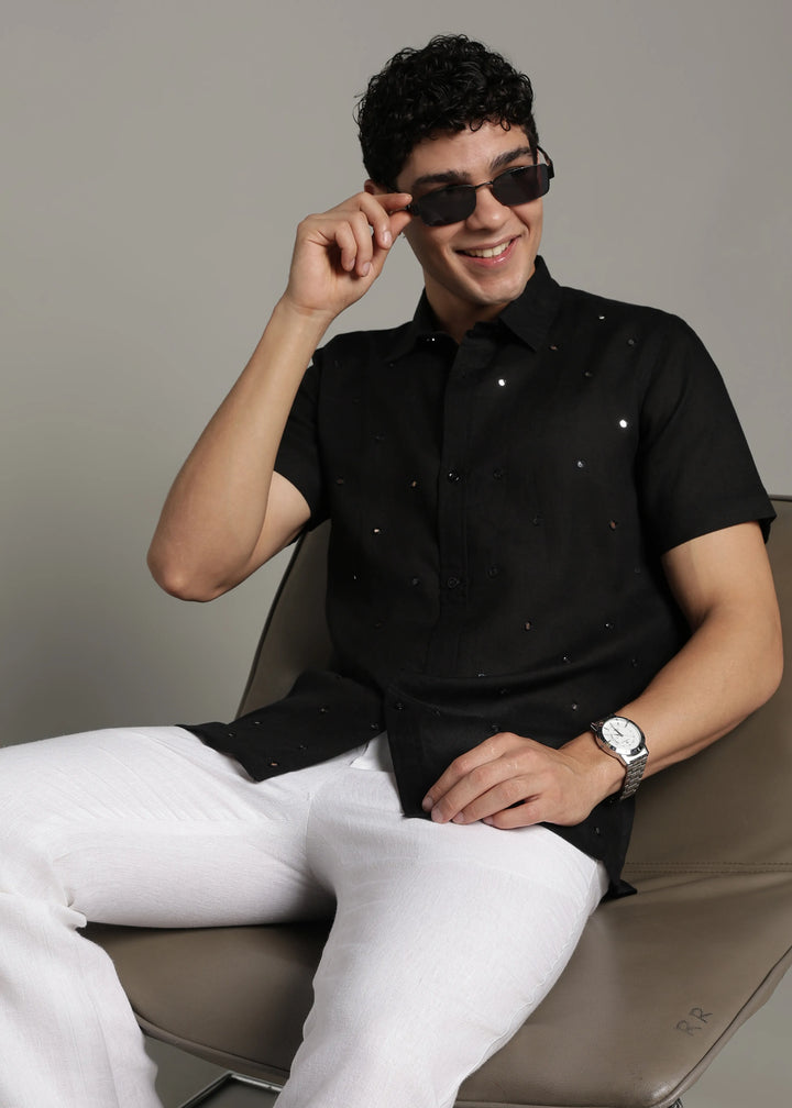 Aaina - Pure Linen Mirror Embroidered Half Sleeve Shirt - Black