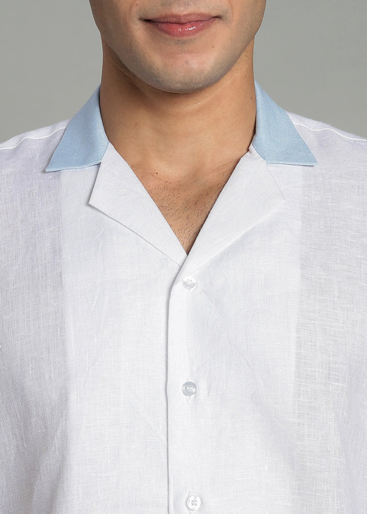 Eliot - Contrast Cuban Collar Pure Linen Half Sleeve Shirt - White