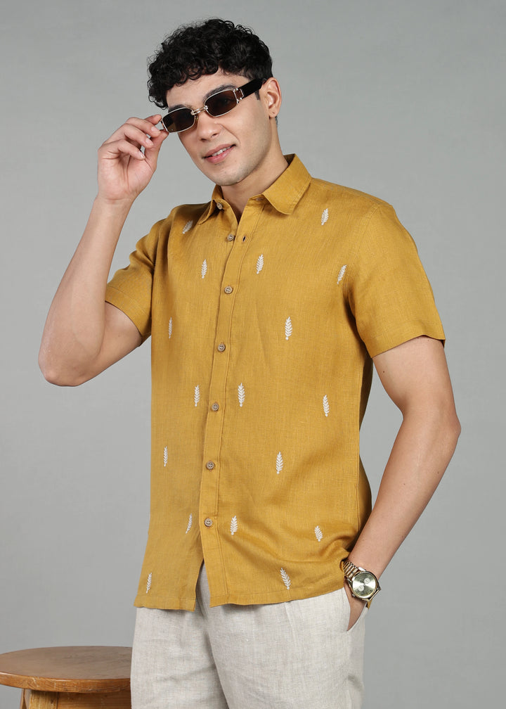 Touch Me Not - Pure Linen Half Sleeve Hand Embroidered Shirt - Sienna Brown