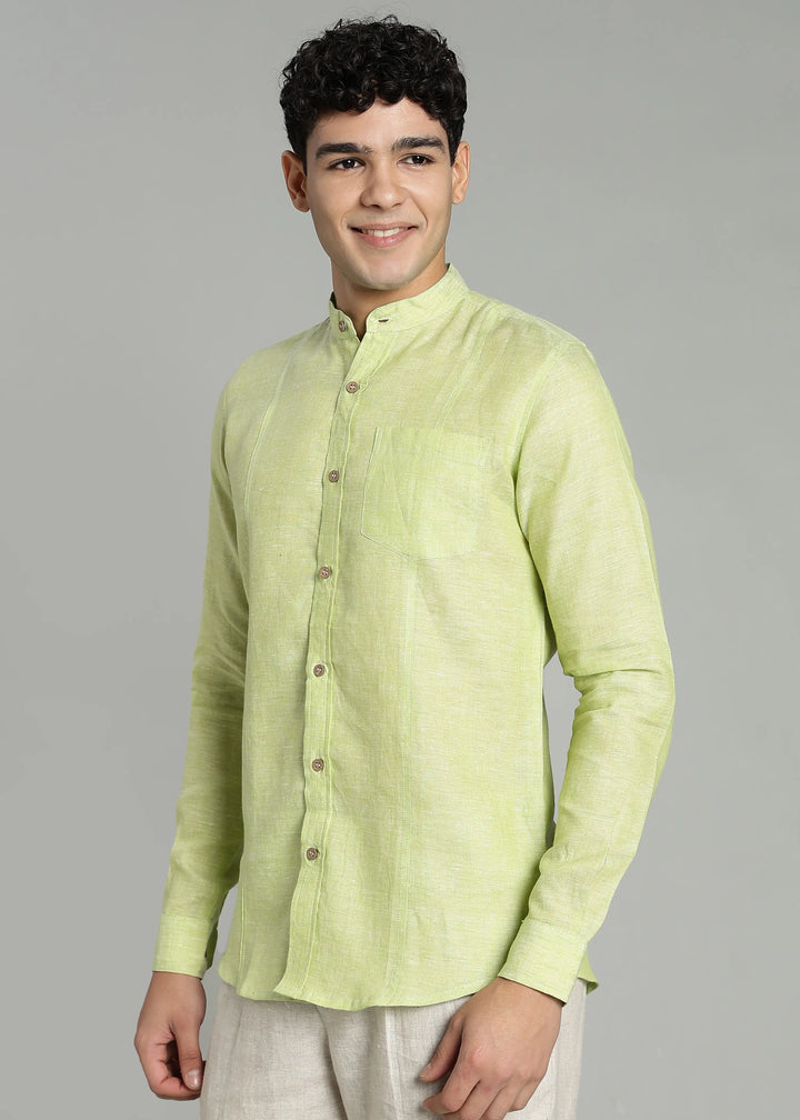 Trevor - Pure Linen Mandarin Collar Full Sleeve Shirt - Light Green Chambray