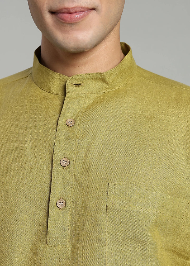 Samir - Pure Linen Full Sleeve Short Kurta Shirt with Cuff - Sap Green