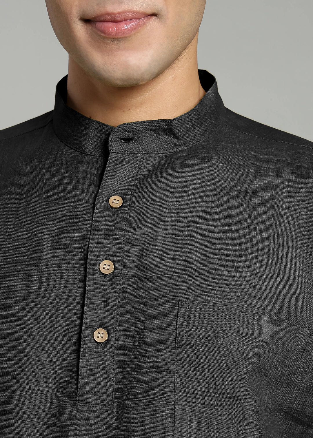 Samir - Pure Linen Full Sleeve Short Kurta Shirt with Cuff - Black
