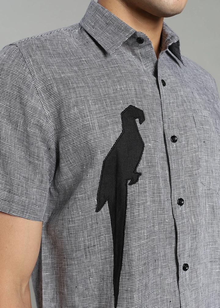 Jay - Pure Linen Appliqué Half Sleeve Shirt - Black Houndstooth