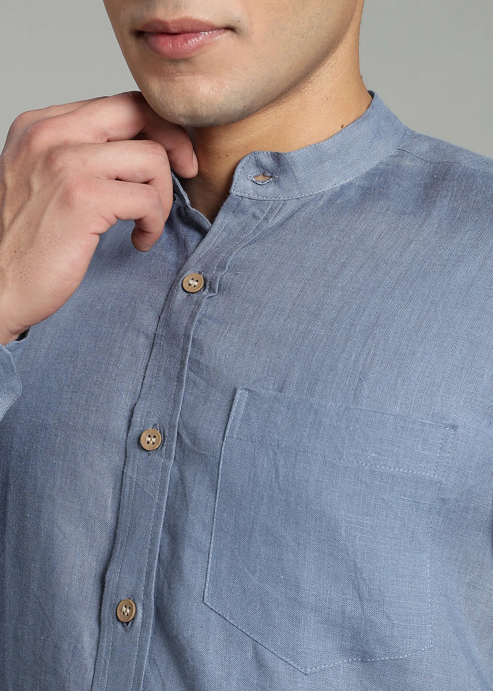 Aaron - Pure Linen Mandarin Collar Full Sleeve Shirt With Front Pocket - Blue Grey