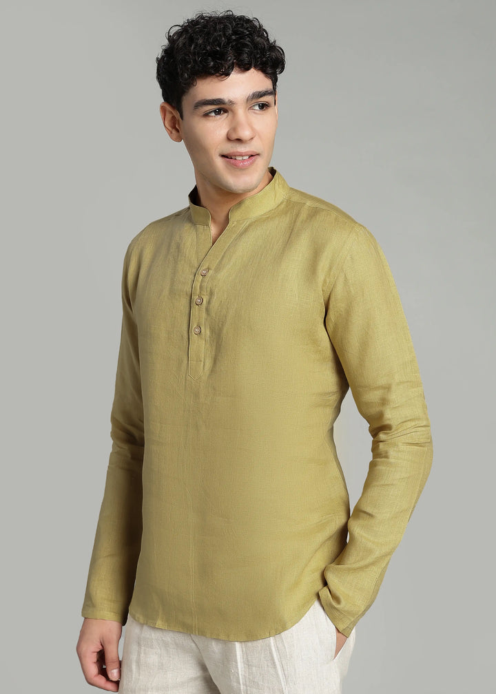 Zaeden - Pure Linen V Neck Full Sleeve Short Kurta Shirt - Sunburst Yellow
