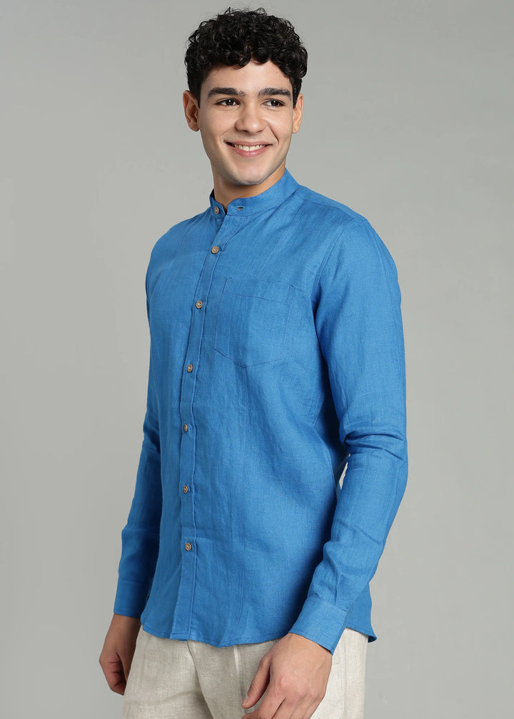 Trevor - Pure Linen Mandarin Collar Full Sleeve Shirt - Swedish Blue
