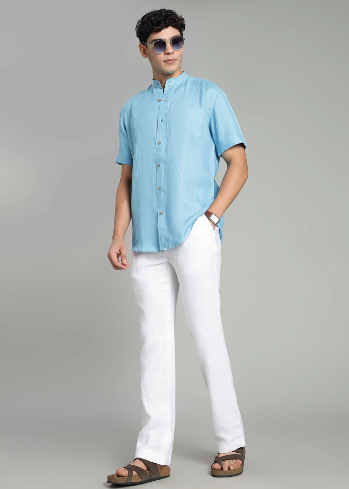 Trevor - Pure Linen Mandarin Collar Half Sleeve Shirt - Alaskan Blue