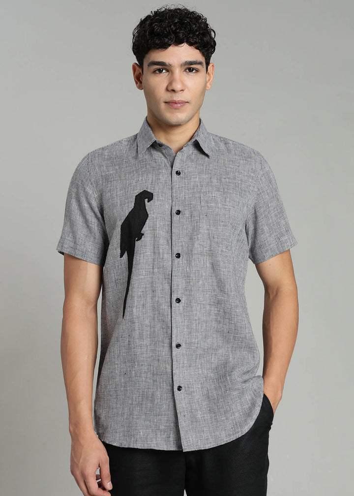 Jay - Pure Linen Appliqué Half Sleeve Shirt - Black Houndstooth