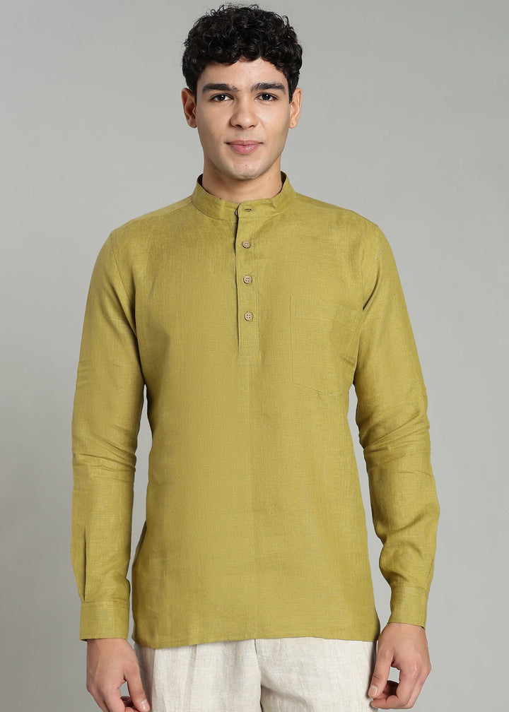 Samir - Pure Linen Full Sleeve Short Kurta Shirt with Cuff - Sap Green