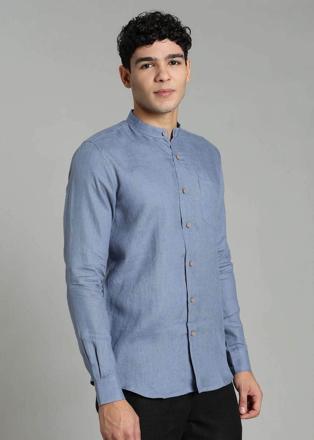 Aaron - Pure Linen Mandarin Collar Full Sleeve Shirt With Front Pocket - Blue Grey