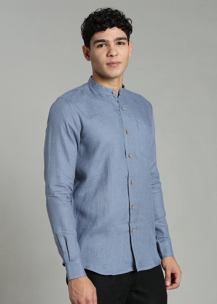 Aaron - Pure Linen Mandarin Collar Full Sleeve Shirt With Front Pocket - Blue Grey
