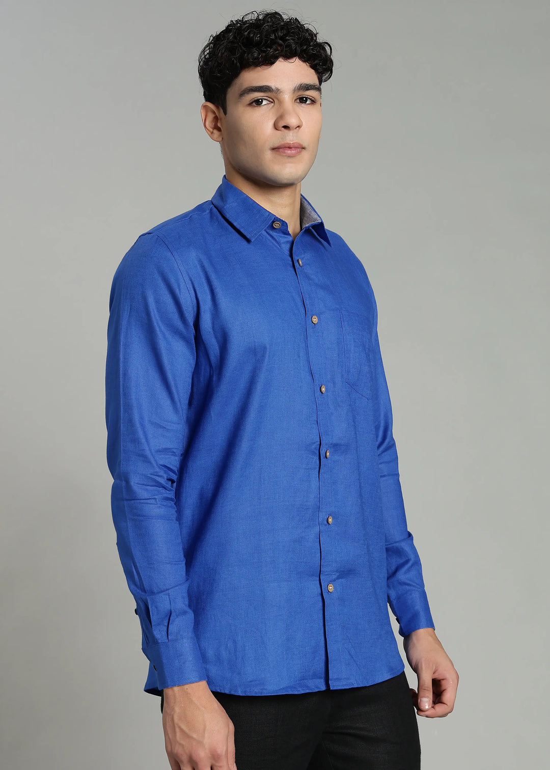 Keith - Pure Linen Full Sleeve Shirt with Blue Houndstooth Collar Band and Cuff Detail - Egyptian Blue