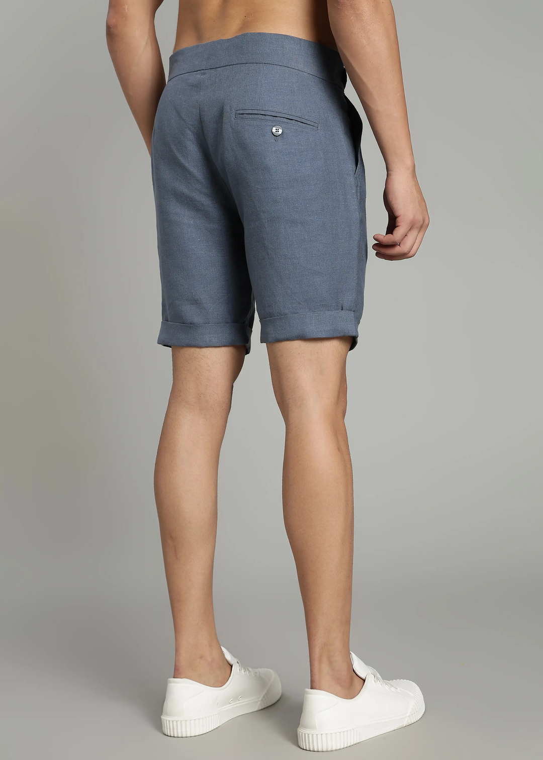 Hudson - Pure Linen Pleated Shorts With Stylized Waistband - Blue Grey
