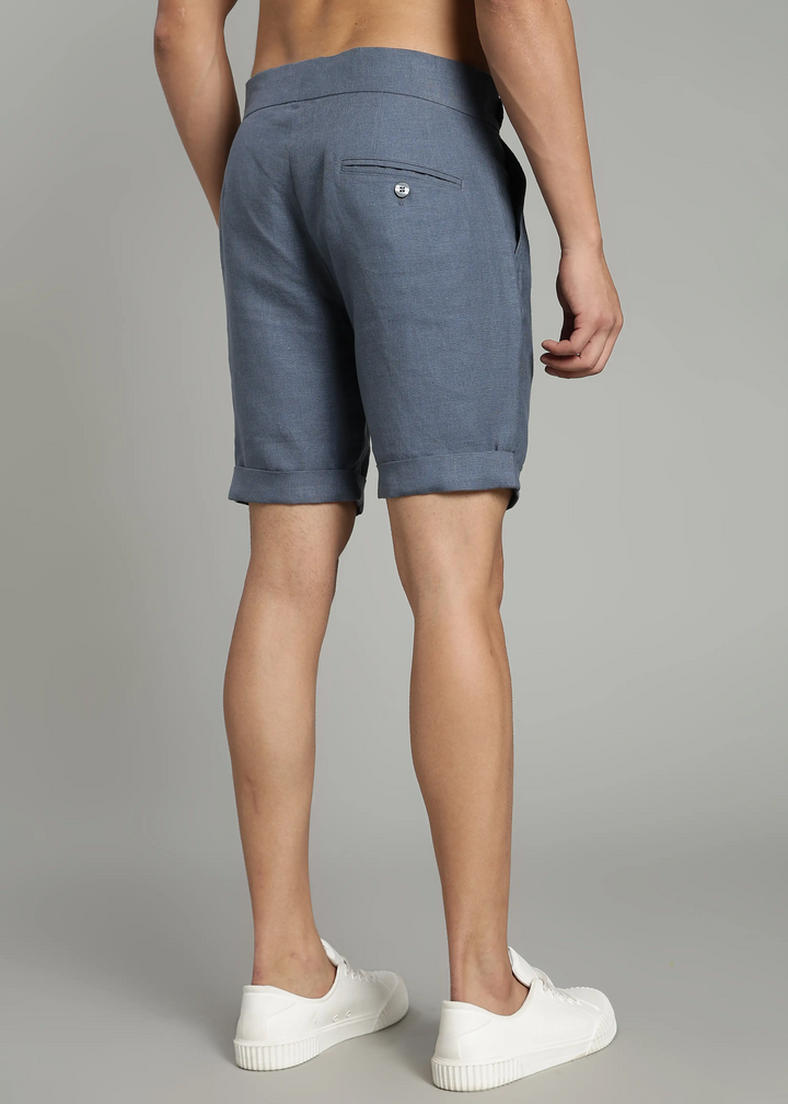 Hudson - Pure Linen Pleated Shorts With Stylized Waistband - Blue Grey