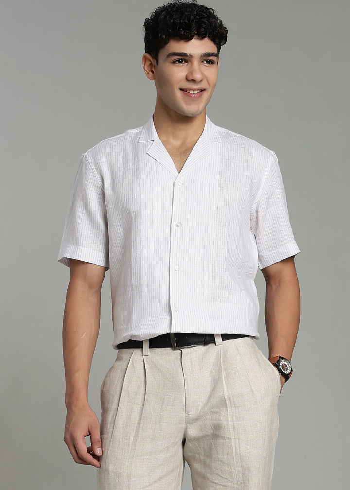 Nathan - Cuban Collar Pure Linen Half Sleeve Shirt - Brown Pinstripe