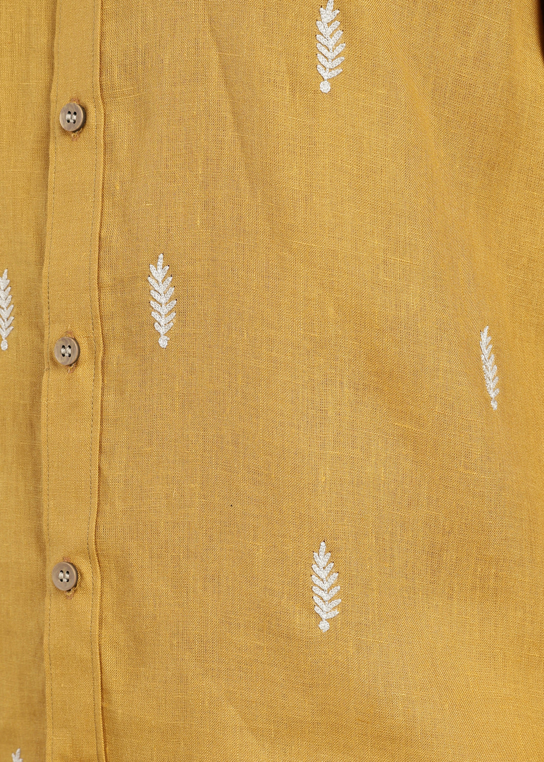 Touch Me Not - Pure Linen Half Sleeve Hand Embroidered Shirt - Sienna Brown