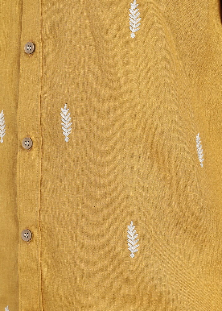 Touch Me Not - Pure Linen Half Sleeve Hand Embroidered Shirt - Sienna Brown