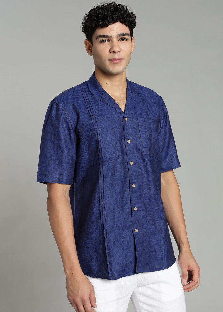 Oversized Pure Linen Cuban Collar Short Sleeve Shirt - Prussian Blue