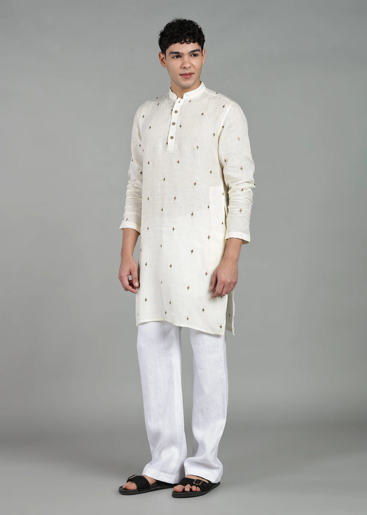 Kathir - Full Sleeve Mandarin Collar Pure Linen Embroidered Mid Kurta - Red on Creme White
